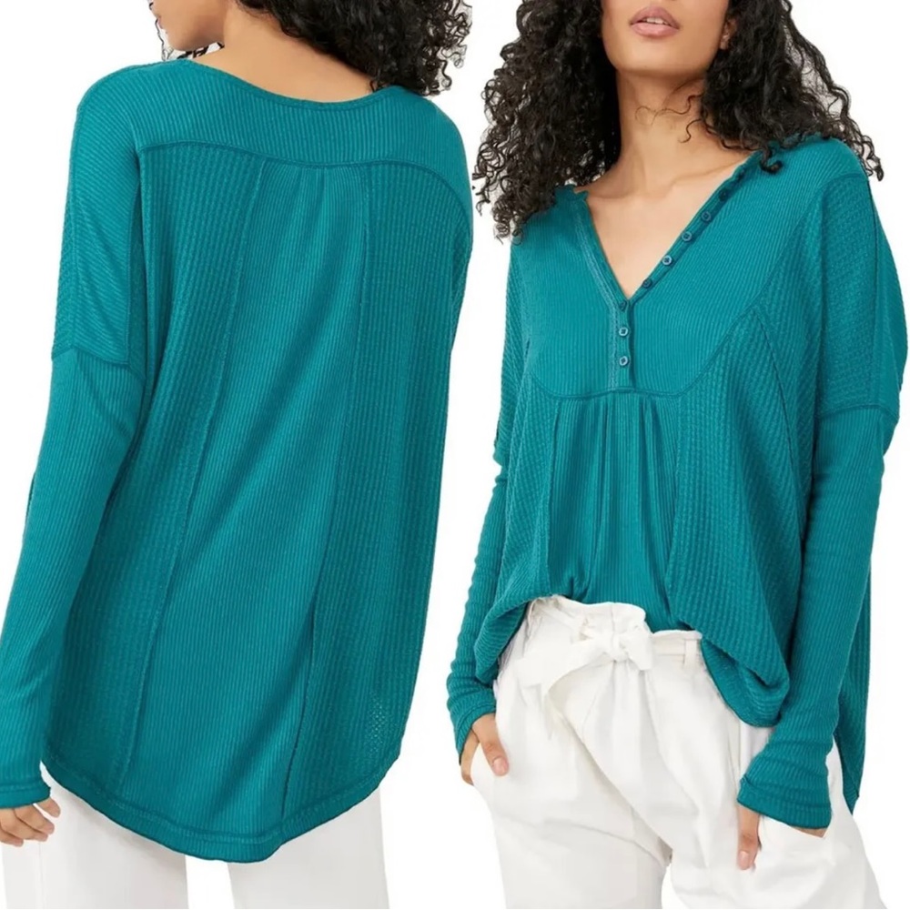 NWT Free People Leo Oversize Henley Soft Waffle Knit Tunic Top Teal Green Small
